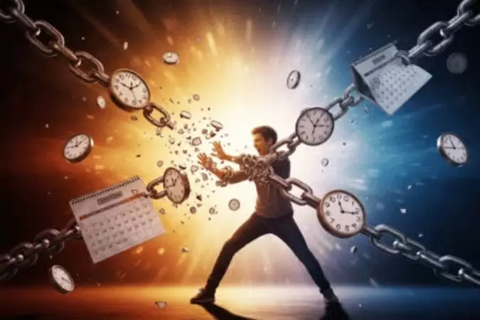 "Pessoa quebrando correntes com relógios e calendários, simbolizando a libertação da procrastinação e controle do tempo"