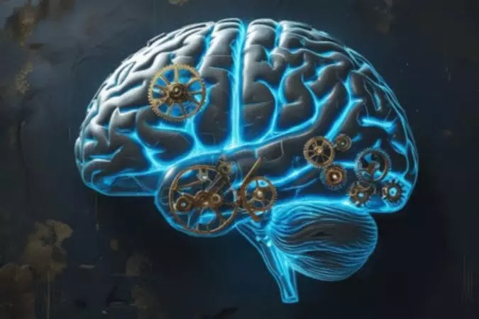 "Ilustração de cérebro humano com engrenagens internas iluminadas em azul, simbolizando organização mental e gestão eficiente do tempo"