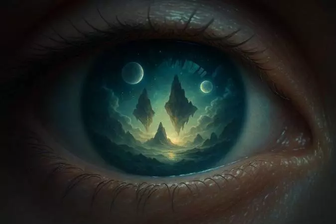 "Olho humano refletindo um universo fantástico com montanhas flutuantes, dois planetas e um horizonte iluminado"