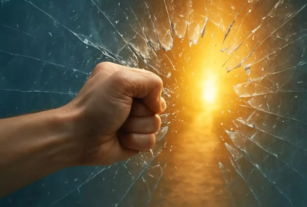 "Punho atravessando uma parede de vidro em direção à luz, simbolizando a quebra de barreiras mentais e crenças limitantes"
