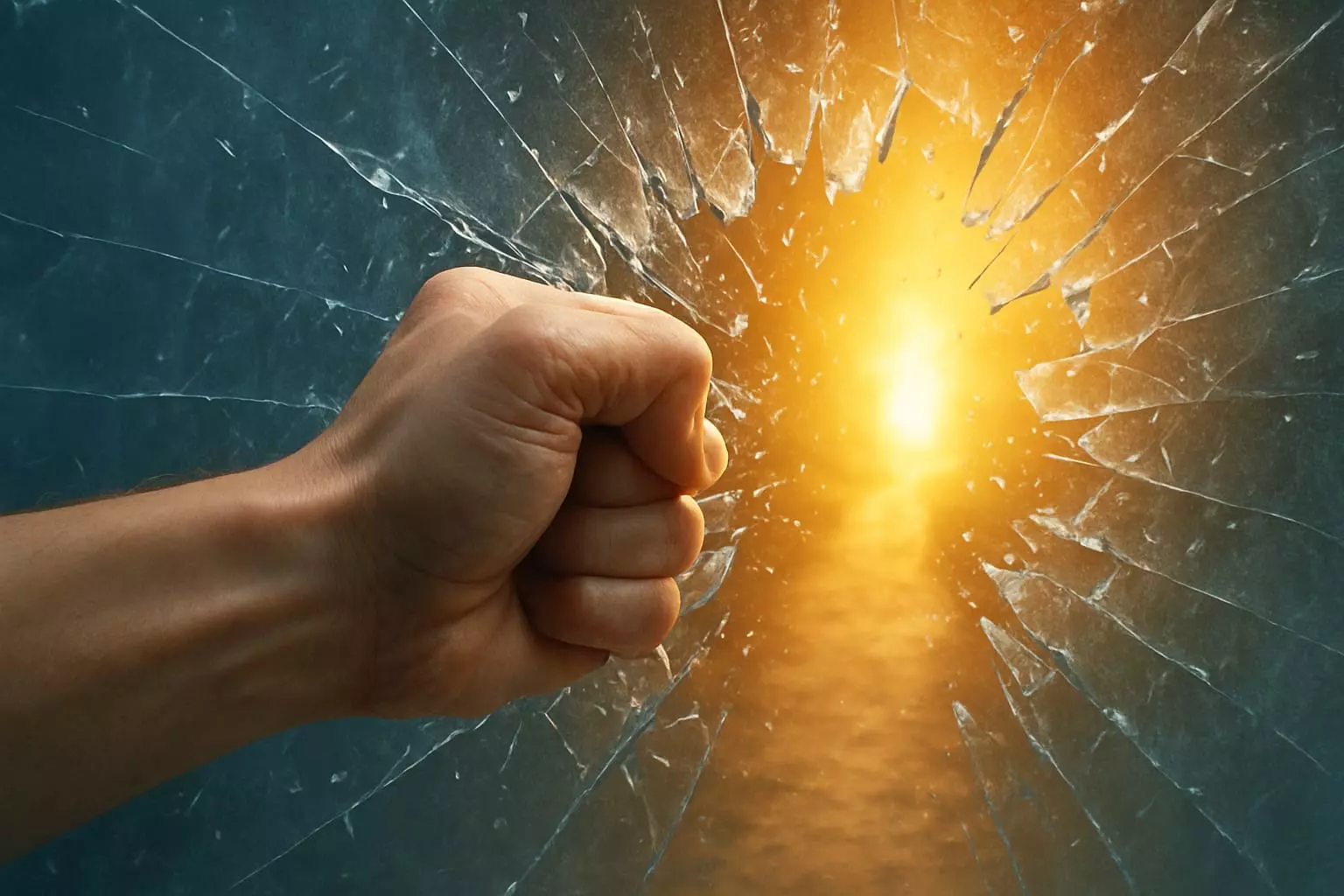 "Punho atravessando uma parede de vidro em direção à luz, simbolizando a quebra de barreiras mentais e crenças limitantes"