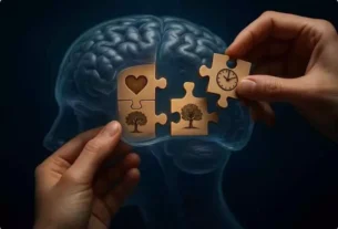 Representação simbólica do cérebro com peças de quebra-cabeça ilustrando como memórias são formadas.