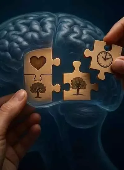 Representação simbólica do cérebro com peças de quebra-cabeça ilustrando como memórias são formadas.