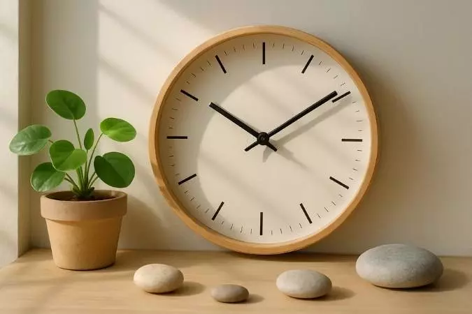 "Relógio de parede cercado por planta em vaso e pedras decorativas, simbolizando equilíbrio e gestão do tempo"