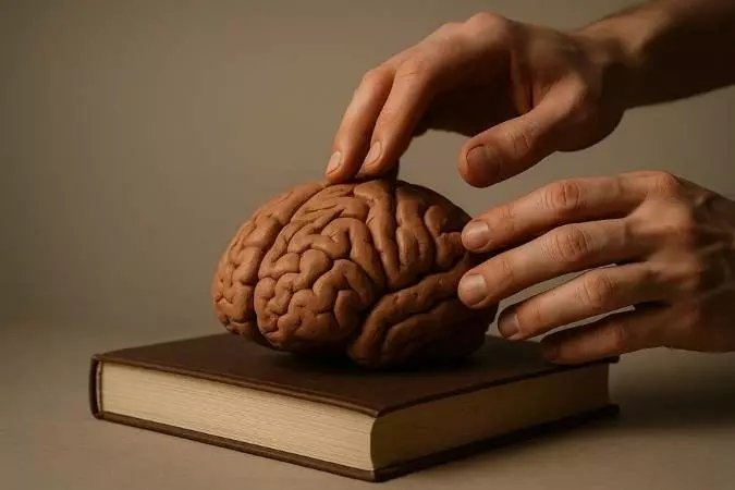 "Mãos humanas segurando um modelo de cérebro sobre livros, simbolizando o impacto da leitura e dos hábitos modernos no desenvolvimento cognitivo"