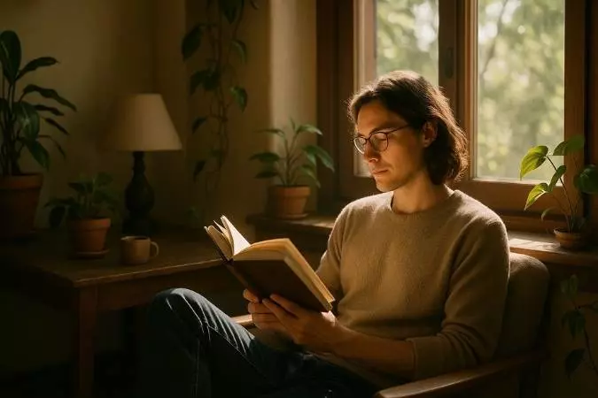 "Pessoa sentada em poltrona lendo um livro próximo à janela, simbolizando a influência dos hábitos modernos na forma como lemos e processamos informação"