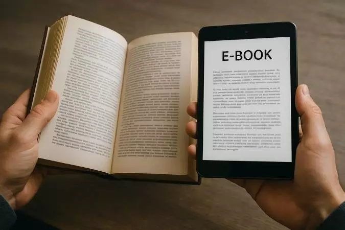"Mãos segurando um livro físico e um tablet com e-book, simbolizando a interação entre leitura tradicional e digital no processamento cerebral"
