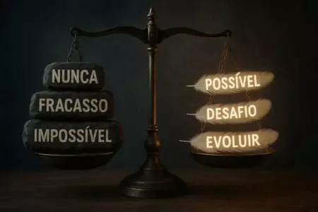 Balança com pedras escritas 'nunca, fracasso, impossível' e penas escritas 'possível, desafio, evoluir', simbolizando o impacto das palavras na vida