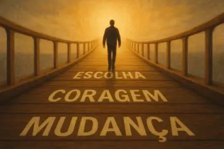 Homem caminhando em ponte iluminada com as palavras 'escolha, coragem, mudança' escritas no chão, simbolizando jornada de evolução