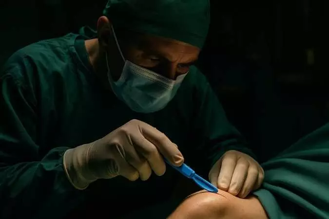Cirurgião em sala de operação realizando incisão superficial no joelho de um paciente.