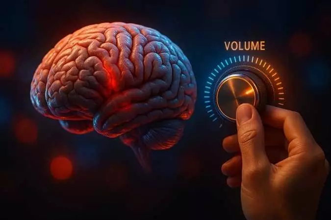 Representação artística de um cérebro humano ao lado de uma mão girando um botão de volume luminoso.