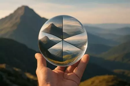 Esfera de cristal refletindo montanhas em diferentes ângulos, simbolizando percepção e reprogramação mental pela PNL