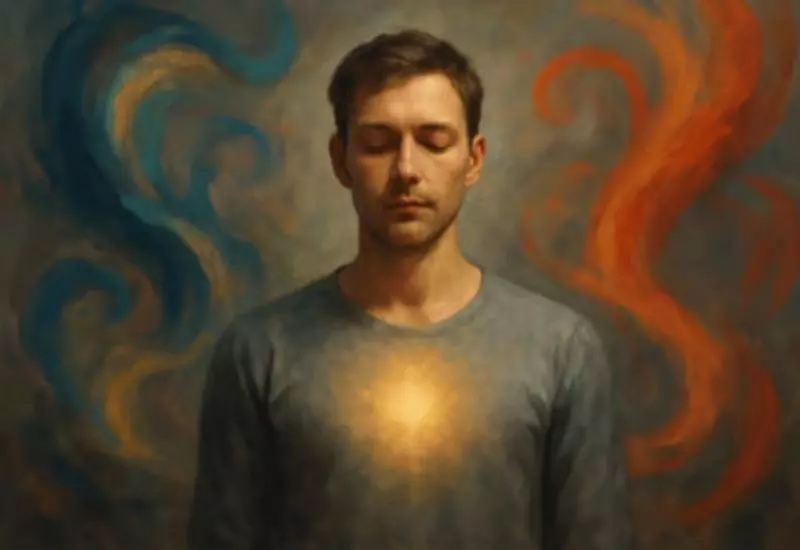 homem com expressão serena e representação visual de energia ao redor do corpo, simbolizando a ligação mente-corpo