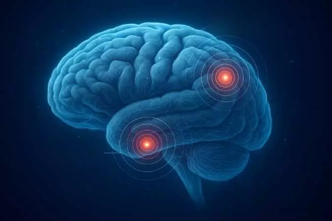 Imagem de um cérebro humano com áreas de luz vermelha na amígdala e no sistema de recompensa, representando a ativação do cérebro ao identificar estímulos de beleza.