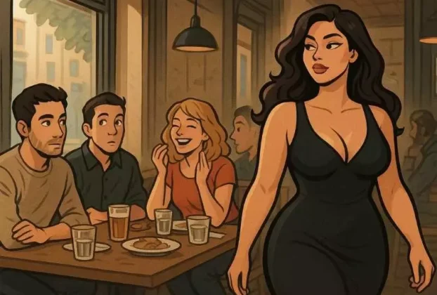 Ilustração de cartum de um grupo de amigos em um restaurante reagindo de forma surpresa e divertida à entrada de uma mulher atraente. A mulher caminha em primeiro plano, enquanto os amigos a observam, refletindo a reação biológica e social.