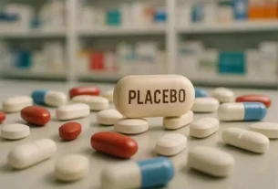 Cápsula com a palavra “placebo” entre diversos comprimidos coloridos sobre a mesa.