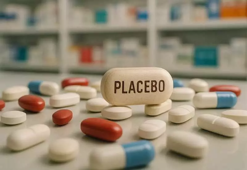 Cápsula com a palavra “placebo” entre diversos comprimidos coloridos sobre a mesa.