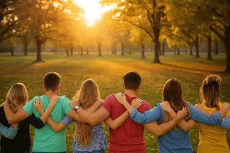 "Grupo de amigos de braços dados observando o pôr do sol em um parque, simbolizando conexão, empatia e leitura de sinais não-verbais"