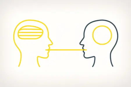 "Ilustração minimalista de dois perfis humanos conectados por uma linha, simbolizando a troca de informações e padrões de linguagem"