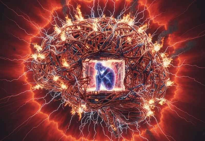 Ilustração de um cérebro como central elétrica sobrecarregada, representando os efeitos do estresse.