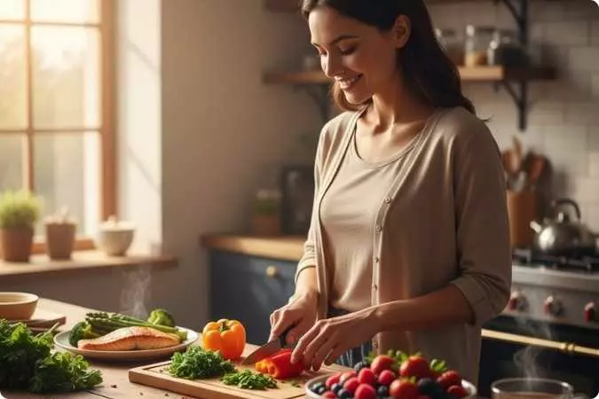 pessoa preparando refeição saudável com peixes, frutas e vegetais que fortalecem o cérebro