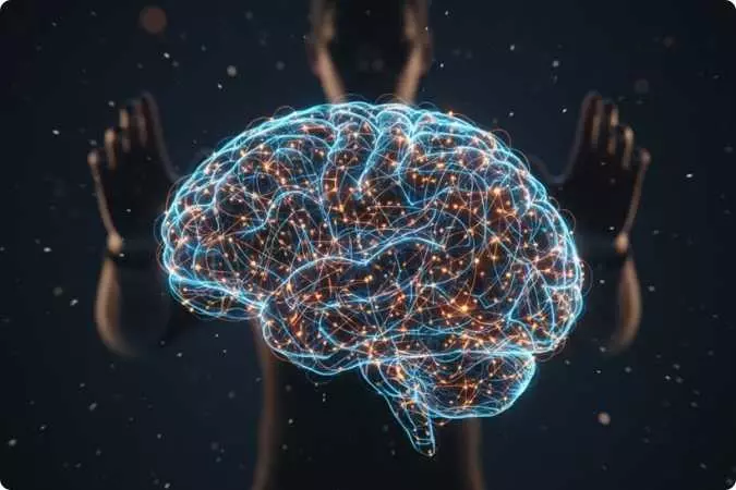 Cérebro com conexões luminosas representando a neurociência e o desenvolvimento da inteligência emocional.