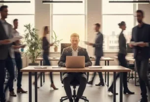 Profissional calmo em meio ao movimento do escritório, representando inteligência emocional e foco.