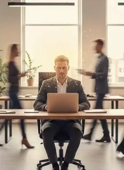 Profissional calmo em meio ao movimento do escritório, representando inteligência emocional e foco.
