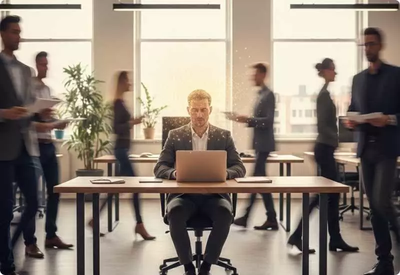 Profissional calmo em meio ao movimento do escritório, representando inteligência emocional e foco.