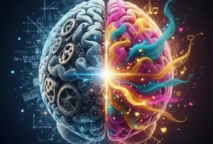 Cérebro humano dividido entre emoção e razão, representando a irracionalidade do cérebro.
