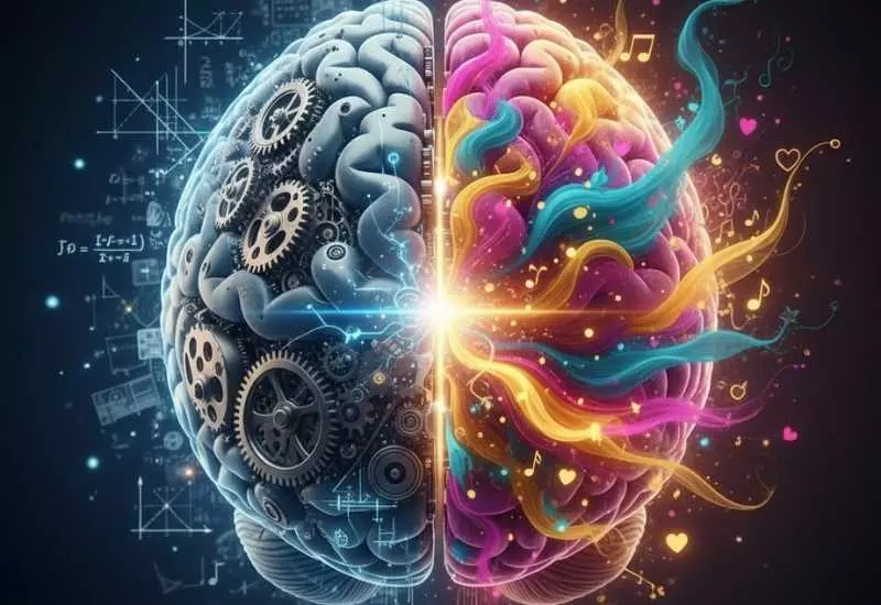 Cérebro humano dividido entre emoção e razão, representando a irracionalidade do cérebro.