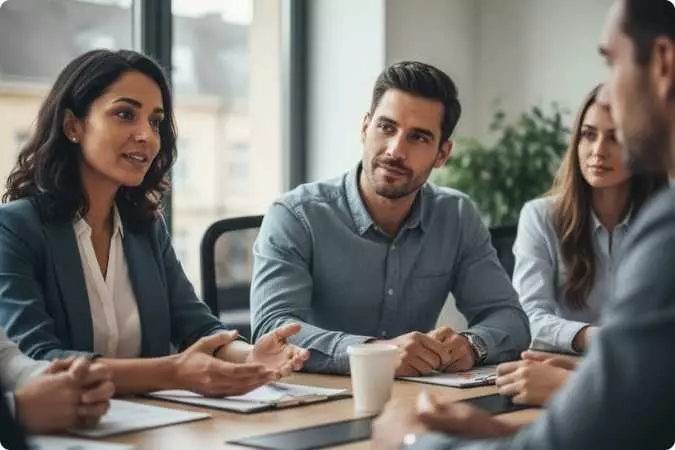 Grupo de pessoas em reunião, ouvindo atentamente e demonstrando empatia, simbolizando os hábitos que fortalecem a inteligência emocional.