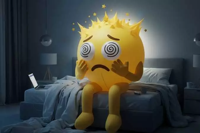 Emoji sentado na beira da cama com as mãos na cabeça, simbolizando os sinais de estresse.
