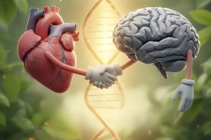 Ilustração de um cérebro e um coração apertando as mãos, representando equilíbrio entre razão e emoção.