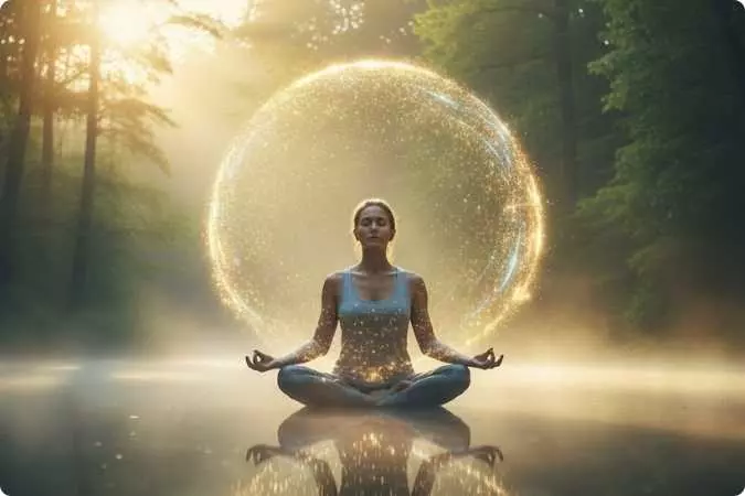 Pessoa meditando com círculo de luz ao redor, representando equilíbrio emocional e clareza mental segundo a neurociência.