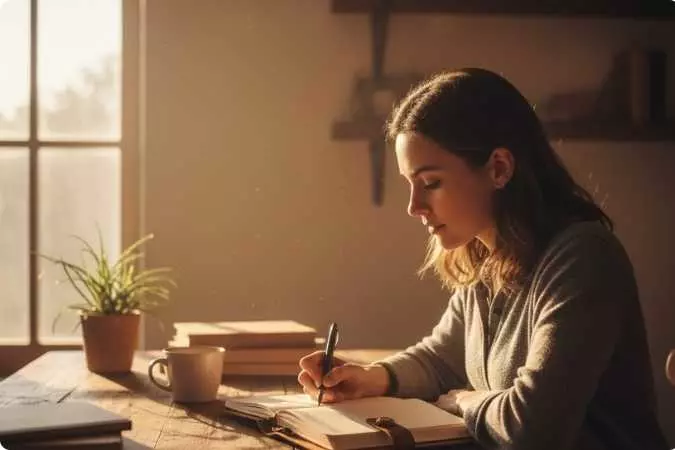 Mulher escrevendo em diário de autoconhecimento, refletindo sobre decisões e padrões mentais do cérebro humano.