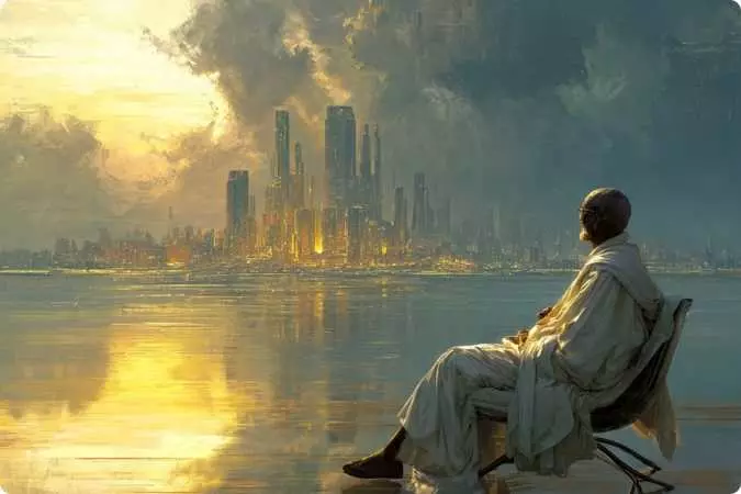 Homem com vestes filosóficas sentado diante de uma cidade dourada ao pôr do sol, simbolizando a solidão e a reflexão de quem desperta para a consciência.