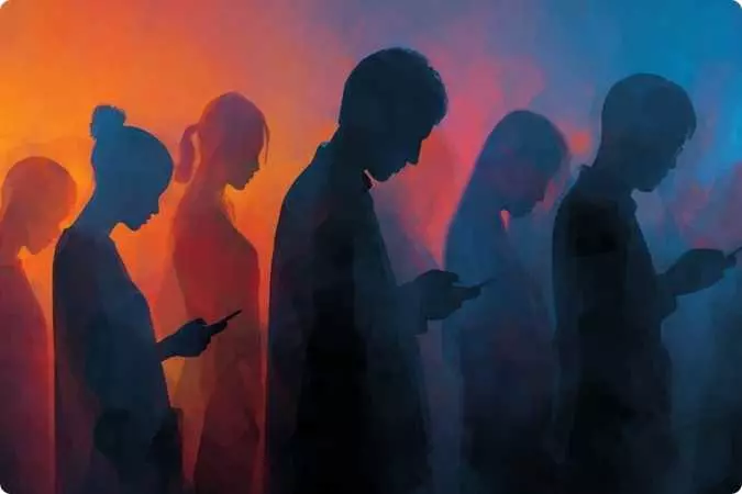 Silhuetas de pessoas olhando para celulares, simbolizando a distração e o adormecimento coletivo da consciência na era digital.