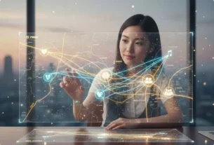 Mulher interagindo com holograma de redes neurais representando a neurociência do comportamento e o mapeamento da felicidade.