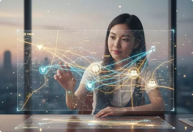 Mulher interagindo com holograma de redes neurais representando a neurociência do comportamento e o mapeamento da felicidade.