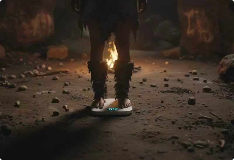 ilustração de um homem pré-histórico em uma balança moderna simbolizando a evolução e a programação do cérebro para manter o peso corporal