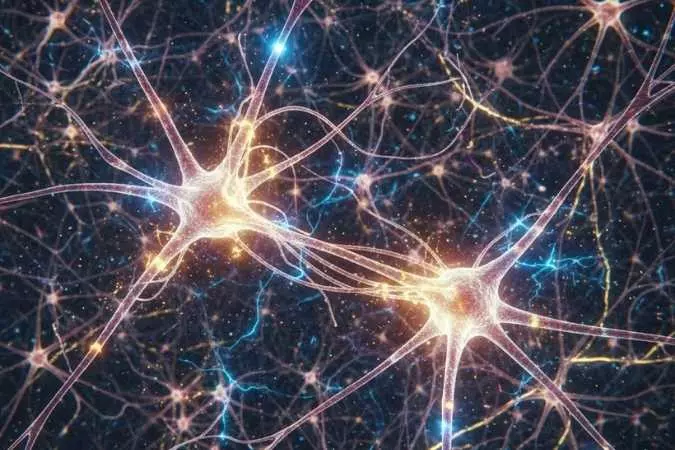 Ilustração microscópica de neurônios realizando sinapses e criando novas conexões, representando a neuroplasticidade e a Lei de Hebb.