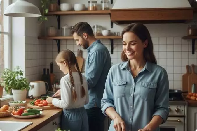 família cozinhando alimentos frescos juntos simbolizando a influência social e cultural nos hábitos alimentares