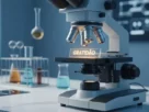 Microscópio em laboratório analisando uma lâmina com a palavra gratidão destacada.