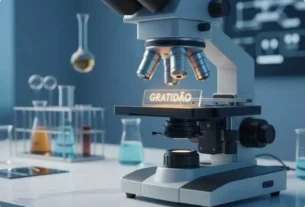 Microscópio em laboratório analisando uma lâmina com a palavra gratidão destacada.