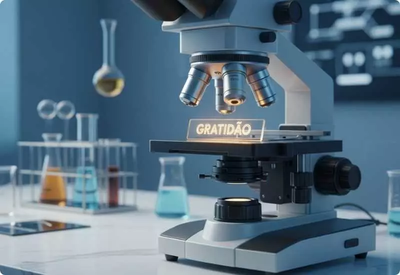 Microscópio em laboratório analisando uma lâmina com a palavra gratidão destacada.