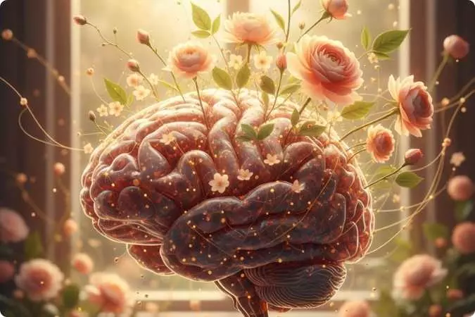 Cérebro realista florescendo com pétalas, simbolizando os efeitos da gratidão na neuroplasticidade.
