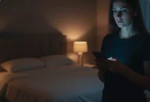 Mulher usando celular à noite no quarto, ilustrando a exposição à luz artificial à noite e o risco cardíaco associado ao uso de telas antes de dormir.