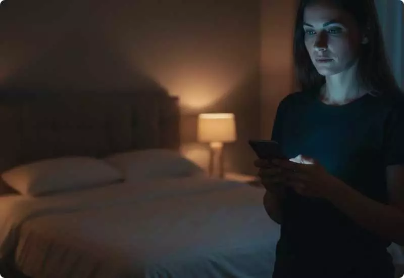 Mulher usando celular à noite no quarto, ilustrando a exposição à luz artificial à noite e o risco cardíaco associado ao uso de telas antes de dormir.