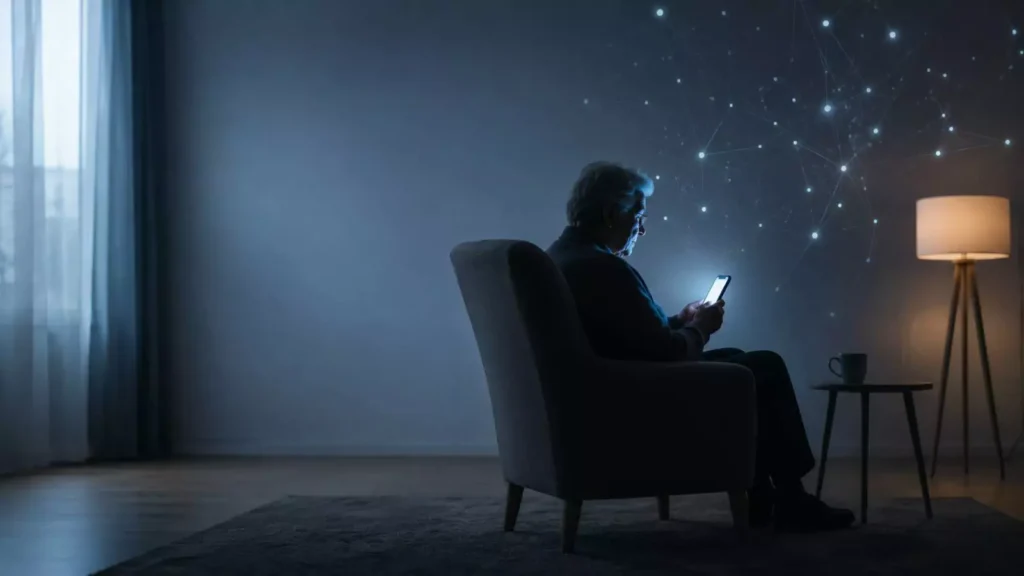 Idoso sentado sozinho usando smartphone, com elementos visuais de conexão digital ao fundo, representando solidão e hiperconexão na terceira idade.
